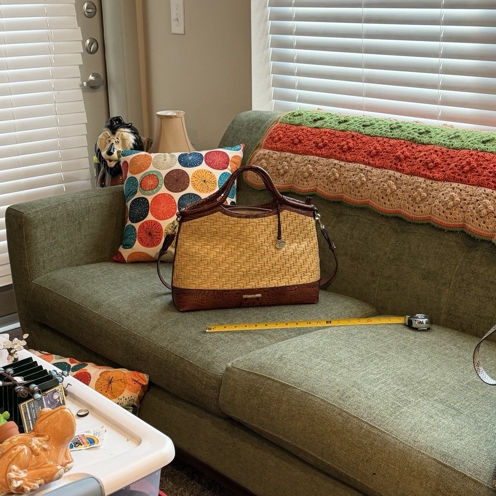 Brahmin Straw Raffia & Melbourne Embossed Leather Satchel Tote Brown Croc - Picture 2 of 13